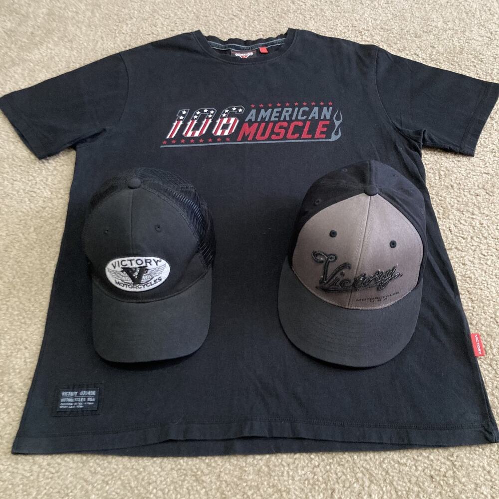 Victory Motorcycles Short Sleeve T-Shirt & 2 Hat *BUNDLE* American Muscle Size L